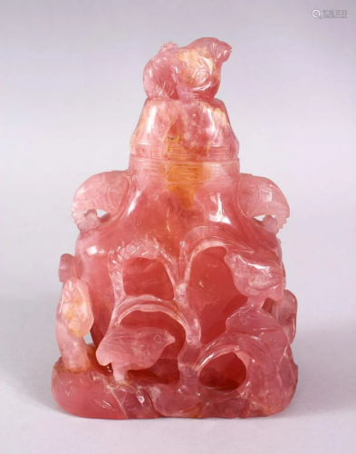 A CHINESE CARVED ROSE QUARTZ VASE & COVER, the body of