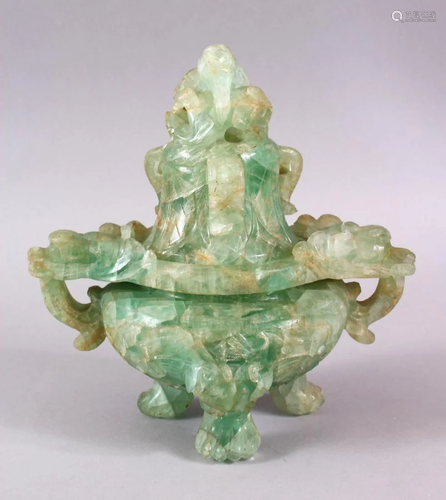 A CHINESE CARVED GREEN QUARTZ TWIN HANDLE VASE AND