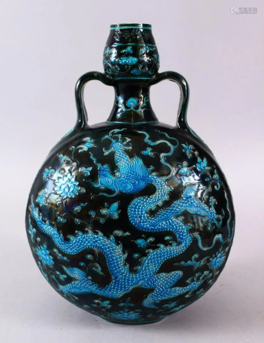 A CHINESE MING STYLE FAHUA PORCELAIN MOON FLASK, carved
