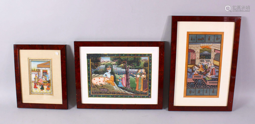 THREE INDIAN SCHOOL FRAMED MINIATURE PAINTINGS - O…