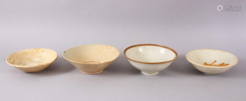 FOUR EARLY CHINESE POTTERY BOWLS, 17.5cm down to