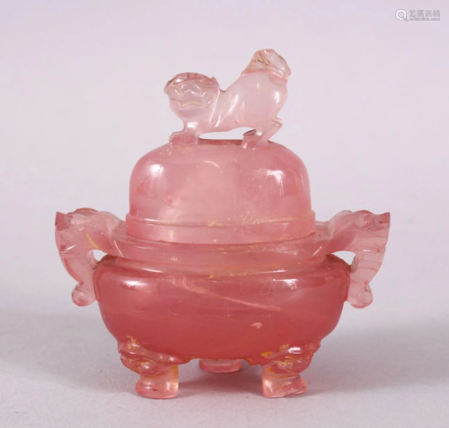 A CHINESE CARVED ROSE QUARTS CENSER & COVER, the body