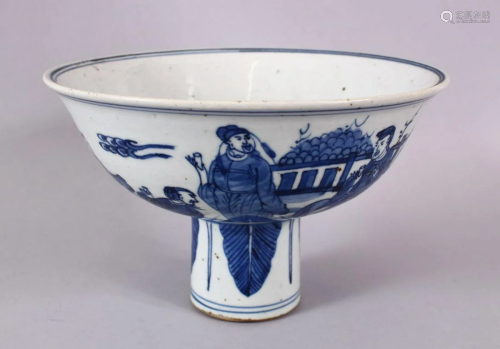 A CHINESE BLUE & WHITE PORCELAIN STEM BOWL, decorated