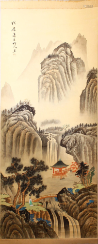 A CHINESE PAINTED SCROLL PICTURE OF A LANDSCAPE, the