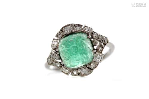 CARVED EMERALD AND DIAMOND RING