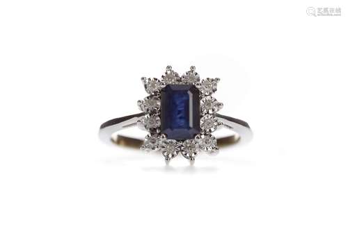 A SAPPHIRE AND DIAMOND CLUSTER RING