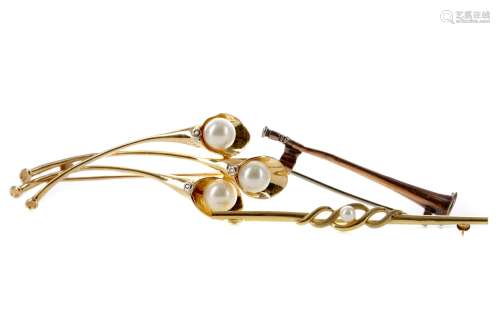 TWO PEARL BAR BROOCHES AND A TRUMPET BAR BROOCH