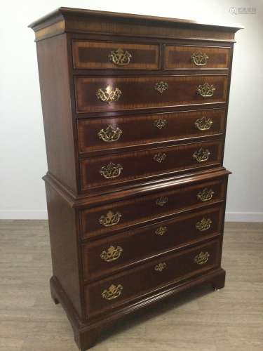 A MAHOGANY CROSSBANDED CHEST ON CHEST OF DRAWERS OF GEORGE I...