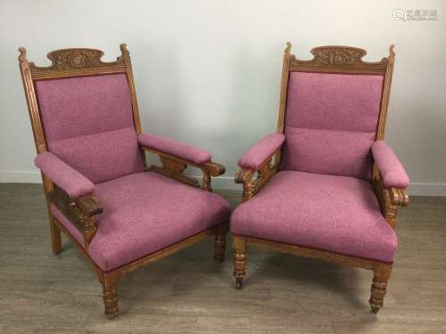 A PAIR OF LATE 19TH CENTURY OAK FRAMED ARMCHAIRS