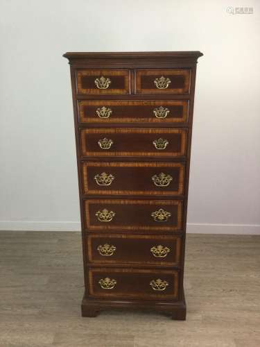 A MAHOGANY CROSSBANDED UPRIGHT CHEST OF GEORGE III DESIGN