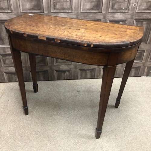 A REGENCY MAHOGANY AND ROSEWOOD TURNOVER CARD TABLE