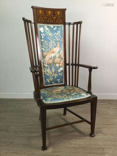 A GLASGOW SCHOOL - ARTS & CRAFTS MAHOGANY HIGH BACK ARMCHAIR