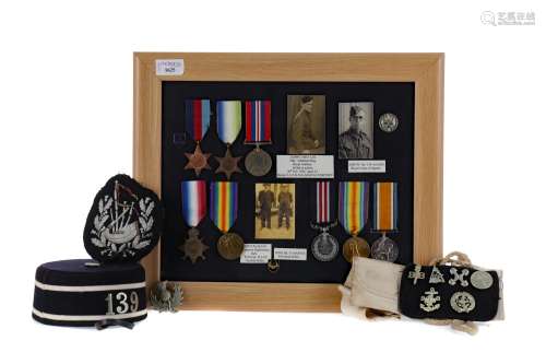 A FRAMED GROUP OF WWI & WWII SERVICE MEDALS