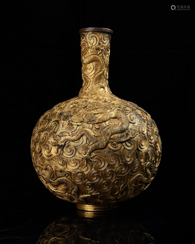 A GILT-BRONZE 'DRAGON' BOTTLE VASE.MARK OF KANGXI