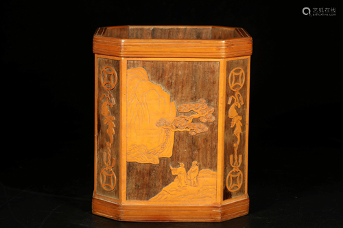 A CARVED BAMBOO AND ROSE WOOD BRUSHPOT.BITONG