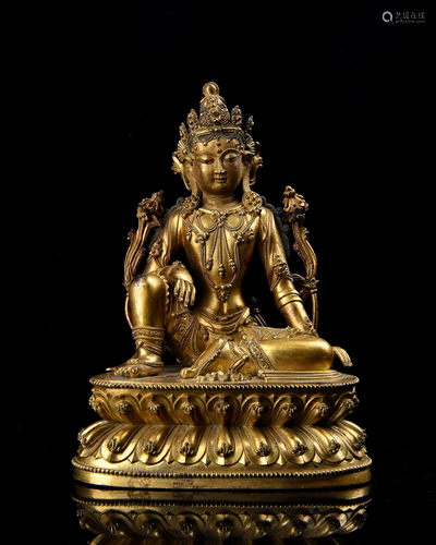 A GILT-BRONZE FIGURE OF GUANYIN.MARK OF YONGLE