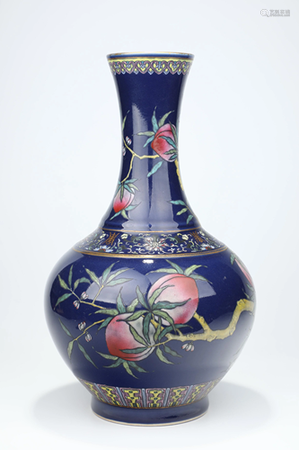 A BLUE-GROUND FAMILLE-ROSE BOTTLE VASE.MARK OF GUANGXU