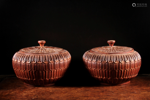 A PAIR OF CARVED ZITAN BOX AND COVERS