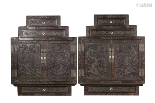 A PAIR OF CARVED ZITAN 'DRAGON' CABINETS