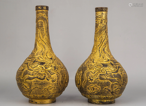 A PAIR OF GILT-BRONZE 'DRAGON' VASES.MARK OF YONGZ…