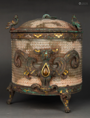 A JADE -GOLD-SILVER INLAID BRONZE FOOD VESSEL AND COVER