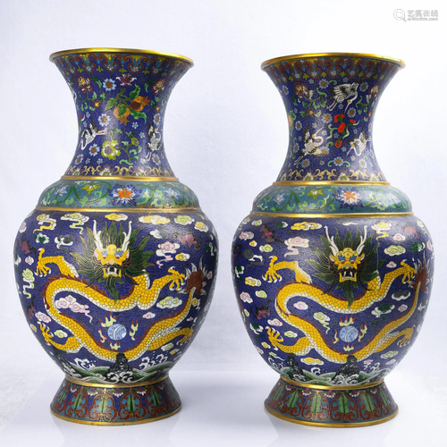 A PAIR OF CLOISONNE ENAMEL BRONZE 'DRAGON' VASES.…