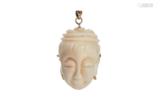 CARVED CORAL GUANYIN HEAD PENDANT