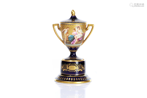 VIENNA COBALT & GILDED COVERED PORCELAIN URN