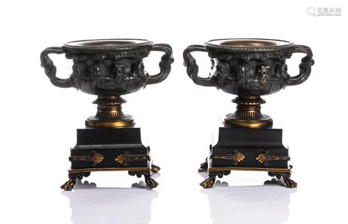 PAIR OF PATINATED BRONZE WARWICK STYLE URNS