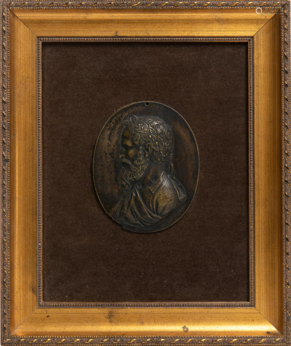 FRAMED BRONZE MEDALLION WITH CLASSICAL PORTRAIT