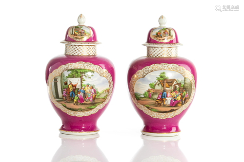 PAIR OF HAND PAINTED DRESDEN PINK PORCELAIN URNS