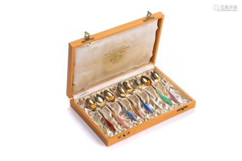 CASED SET OF G. HELLSTROM SILVER & ENAMEL SPOONS