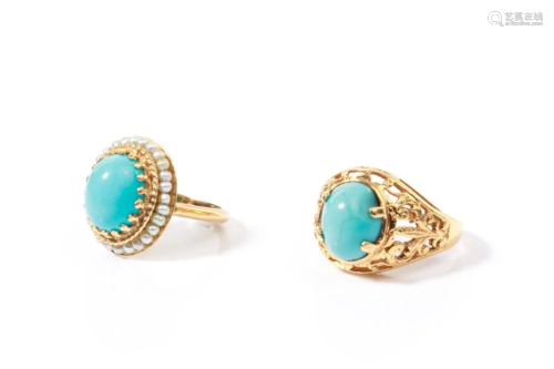 TWO VINTAGE GOLD & TURQUOISE RINGS, 6g