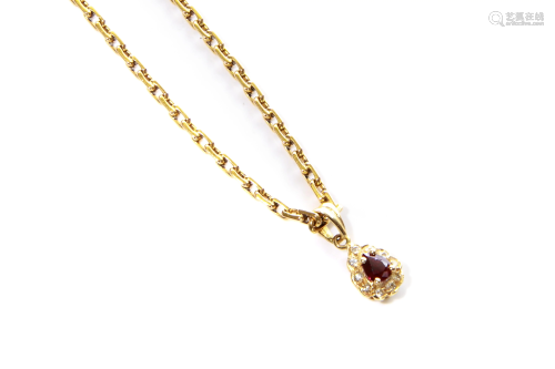 VINTAGE GOLD WATCH CHAIN WITH RUBY FOB, 12g
