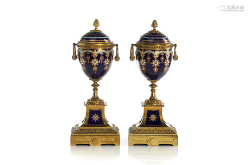 PAIR OF 19TH C FRENCH PORCELAIN & GILT BRONZE URNS