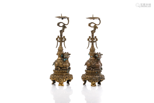 PAIR OF CHINESE BRONZE CANDLE PRICKETS