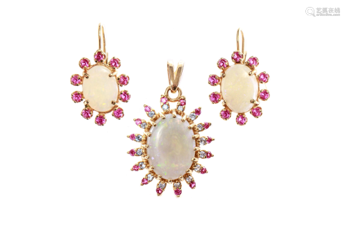 GOLD AND OPAL EARRINGS & PENDANT, 10g