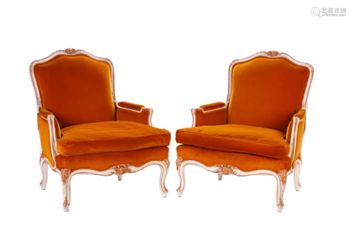 PAIR OF LOUIS XV STYLE BERGERE ARMCHAIRS