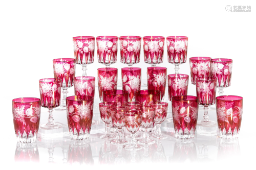 15 PC RUBY FLASHED DECANTER, STEMS & TUMBLERS