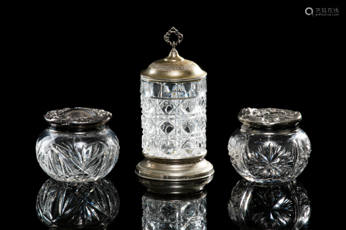 TWO ART NOUVEAU SILVER DRESSER JARS & CRUET