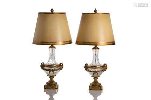 PAIR OF NEOCLASSICAL GILT BRONZE & CUT GLASS LAMPS