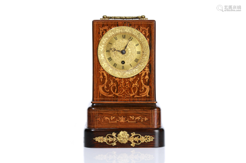 19TH C FRENCH MARQUETRY & BRONZE MANTEL CLOCK