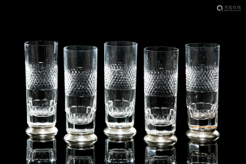 FIVE SILVER MOUNTED CUT GLASS TUMBLERS