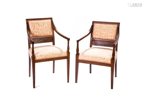 PAIR OF ARM CHAIRS WITH FORTUNY FABRIC UPHOLSTERY