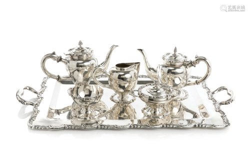 FIVE PIECE PERUVIAN SILVER TEA SET & TRAY, 5,039g