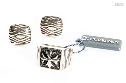 MEN'S SILVER AND DIAMOND RING & MATCHING CUFFLINKS