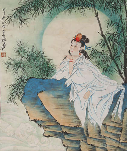 A Chinese Lady Painting Scroll, Zhang Daqian Mark