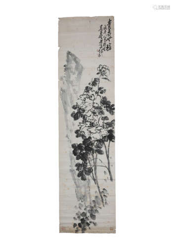 A Chinese Peony Painting Scroll, Wu Changshuo Mark