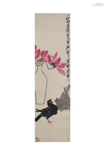 A Chinese Pigeon Painting Scroll, Qi Baishi Mark