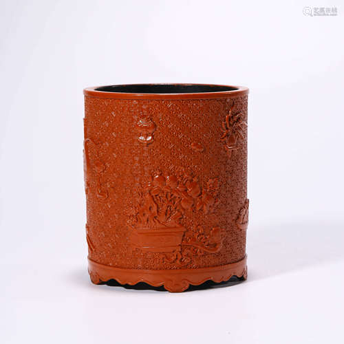 A Pair of Coral-red Ground Auspicious Brushpot